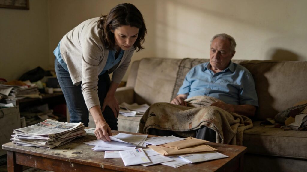 Adult daughter notices subtle warning signs that her aging father may need professional in-home care, including unopened mail, household clutter, and reduced mobility.