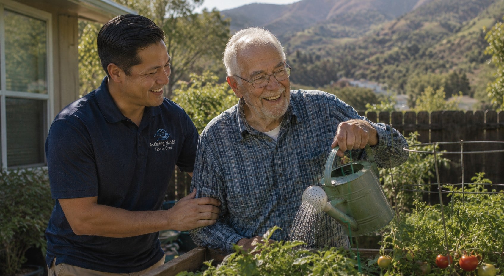 Aging in place with support in Walnut Creek, CA Caregiver helping a senior man water plants in the garden of his Walnut Creek home