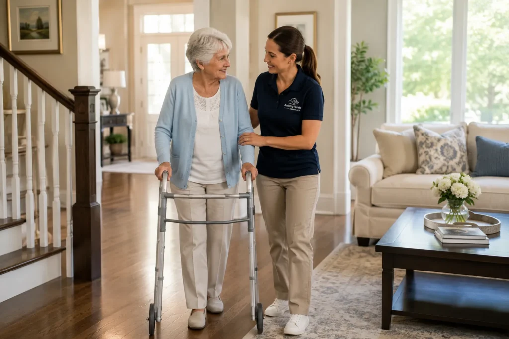 Professional caregiver walking beside an older woman using a walker in her home, helping reduce fall risk and support safe mobility.