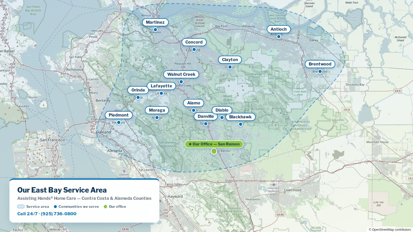 Map of the Assisting Hands Home Care East Bay service area covering Brentwood, CA and surrounding communities