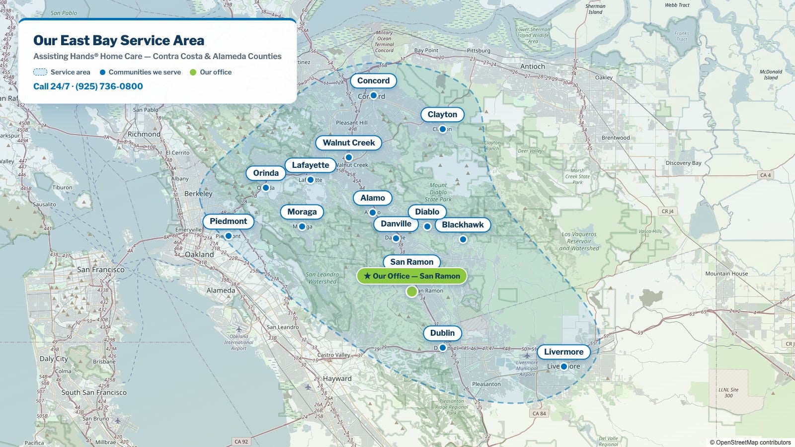 Assisting Hands East Bay service area map covering Contra Costa and Alameda Counties