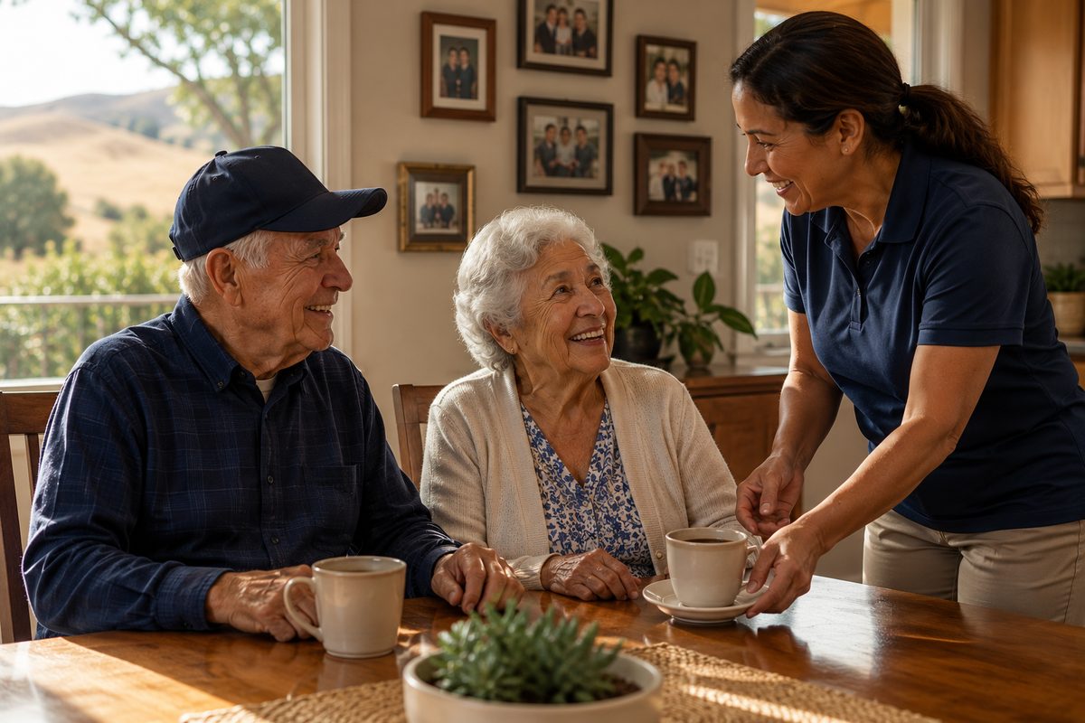 A caregiver serving coffee to an elderly veteran couple at their kitchen table in their Danville-area home