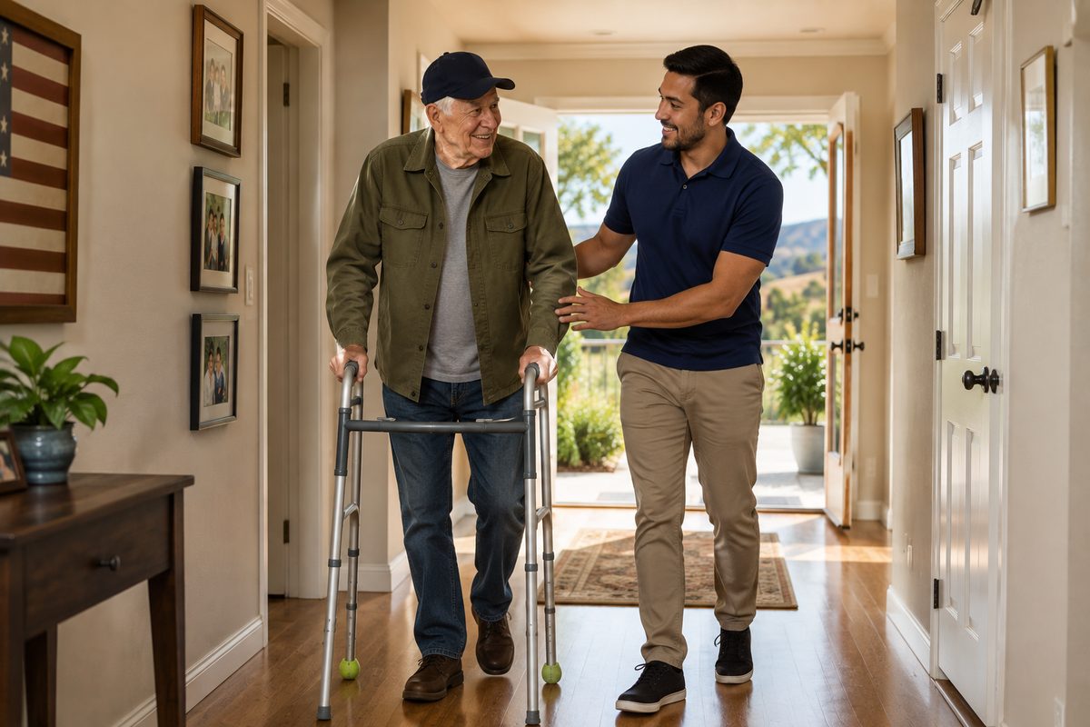 A caregiver walking beside an elderly veteran using a walker in the hallway of his home