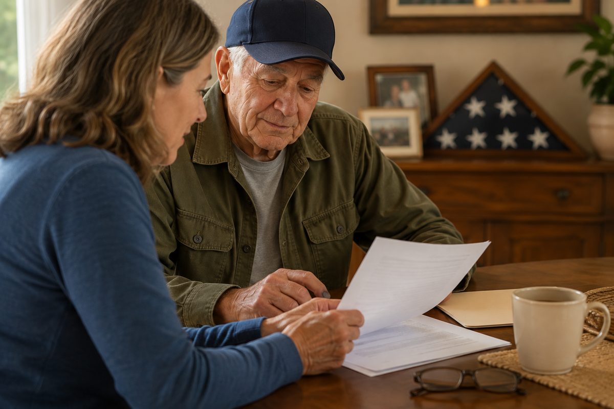 An adult daughter reviewing benefit paperwork with her elderly veteran father at their dining table