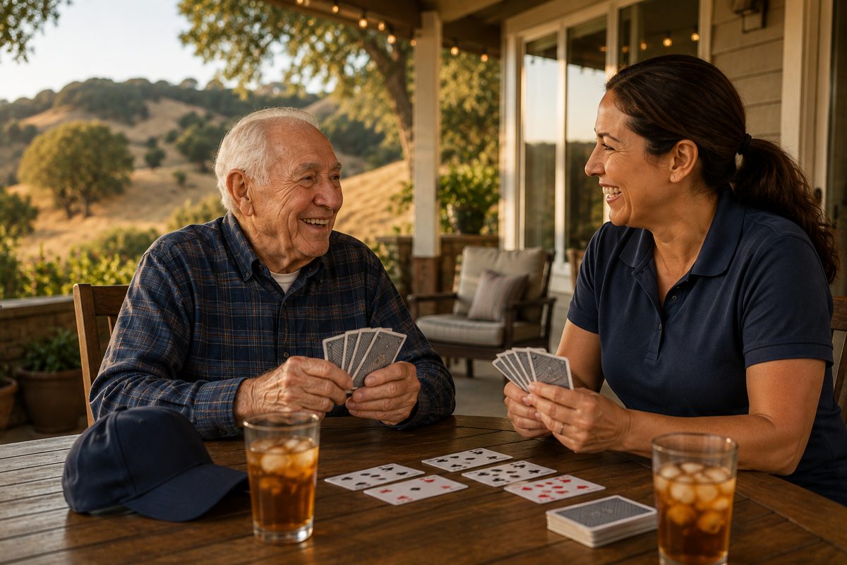 An elderly veteran and his caregiver laughing over a card game on a sunny East Bay patio