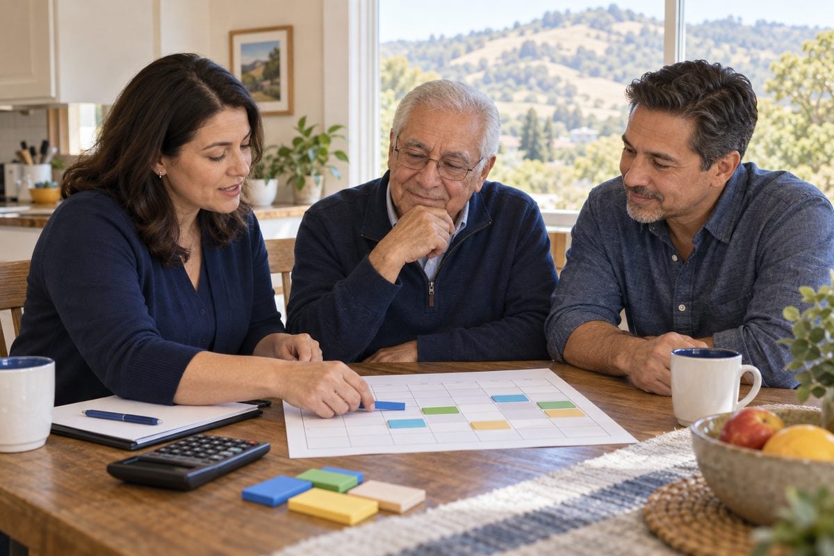 A care manager maps out a weekly home care schedule with a family at their kitchen table in Danville, California.