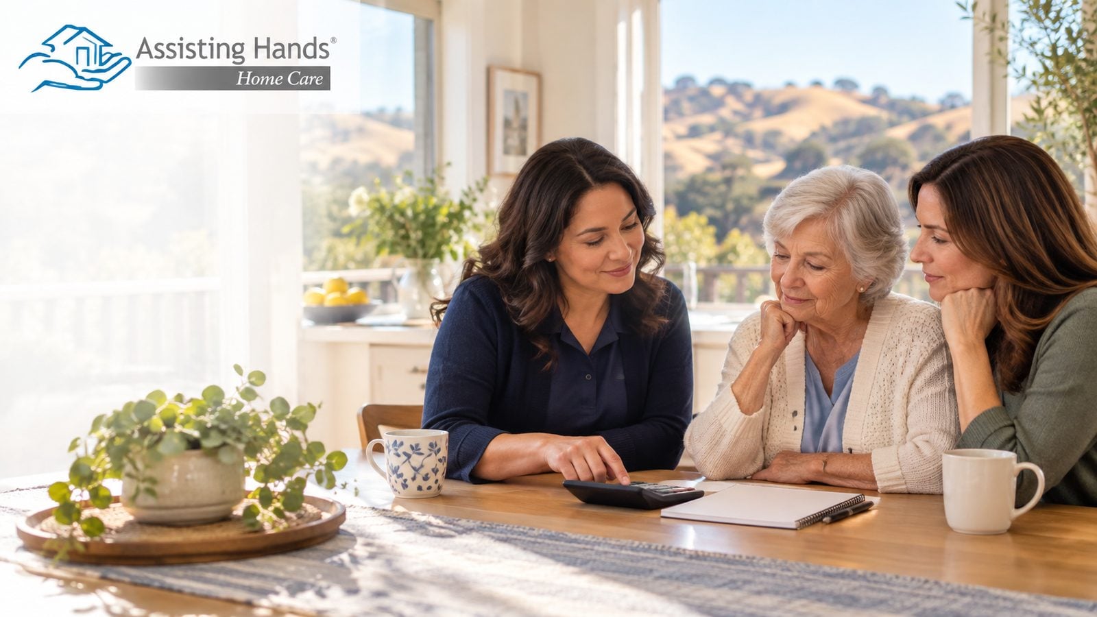 A caregiver reviews in-home care costs with a mother and daughter at a kitchen table overlooking the Contra Costa County hills.