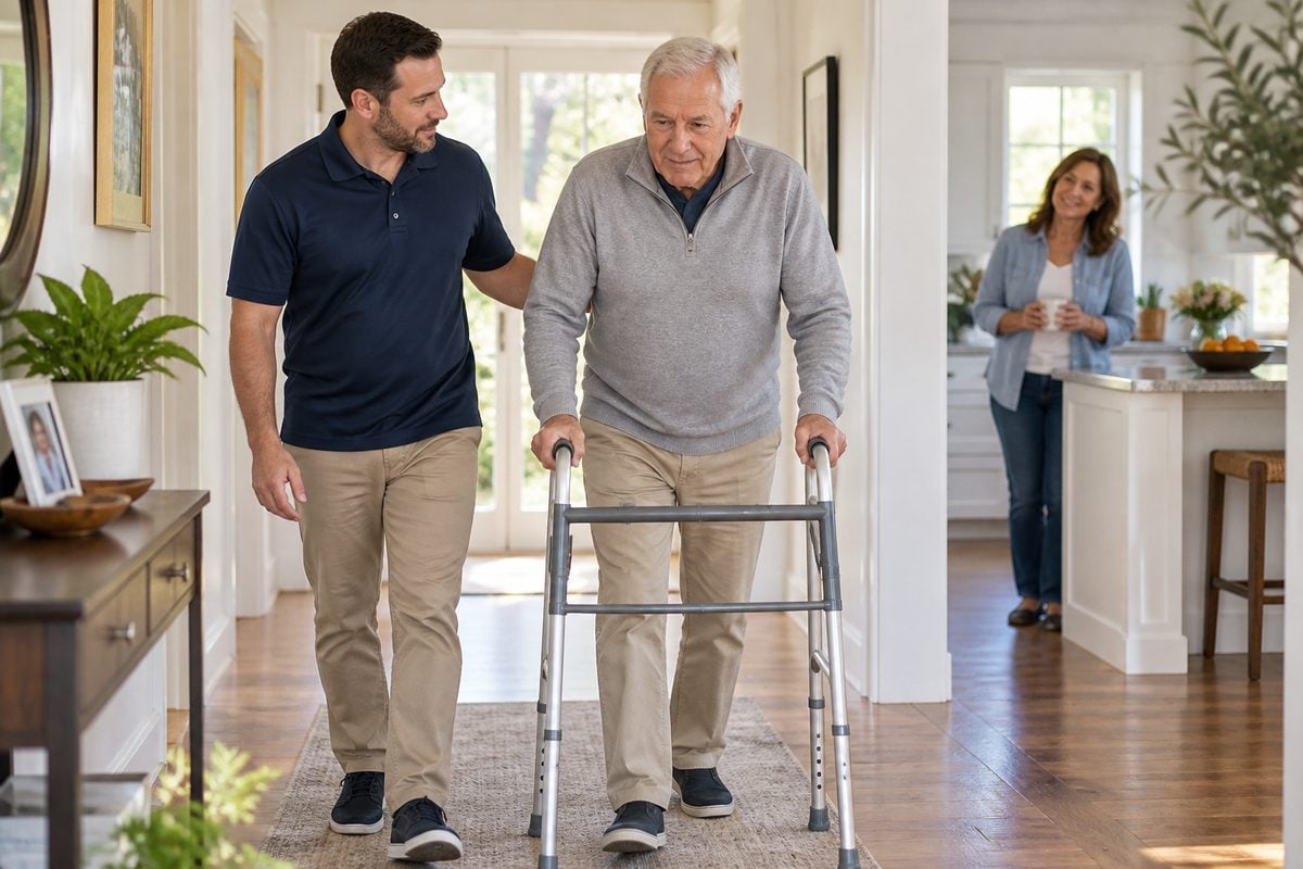 A caregiver steadies an older man walking with a walker in the hallway of his Danville home after a hospital discharge.