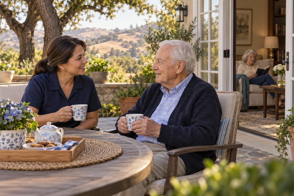 A caregiver and an older man share coffee on a patio overlooking the East Bay hills.