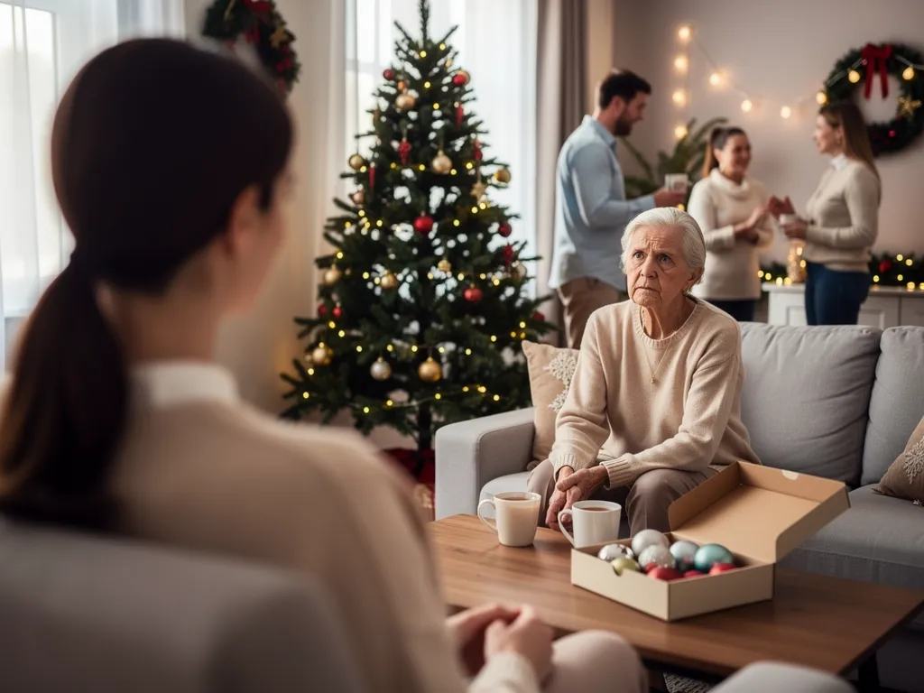 Senior parent looking withdrawn at a holiday family gathering table