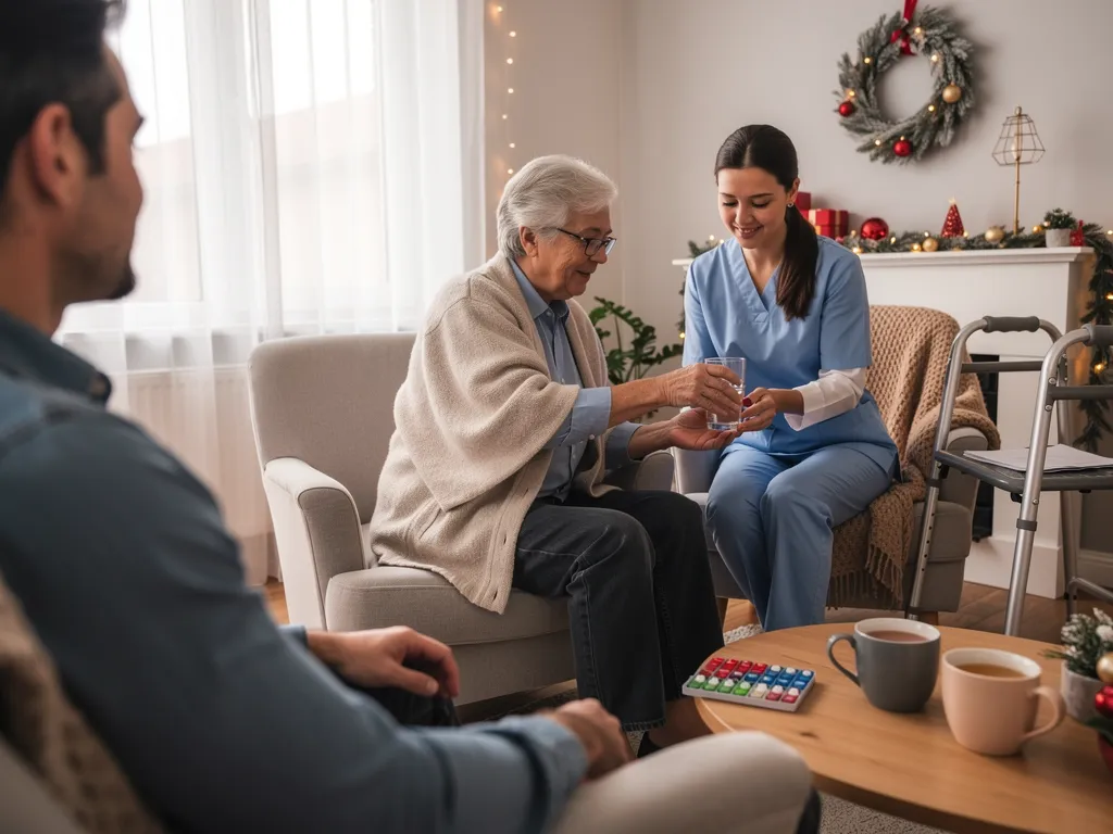 Smiling senior parent and adult child enjoying quality time together at home
