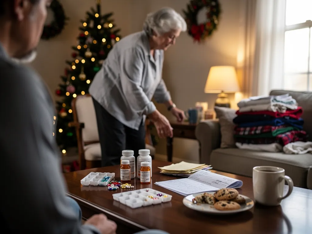 Adult child comparing notes with a caregiver about an elderly parent's health changes