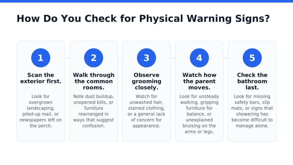Caregiver pointing out a loose stair railing during a home safety walk-through